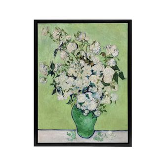 Artery8 White Roses In Green Vase Van Gogh Black Framed Canvas Wall Art | Size: W24 x H32