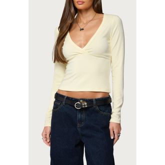 Edikted Doron Long Sleeve V-Neck Crop Top in Yellow at Nordstrom, Size X-Small