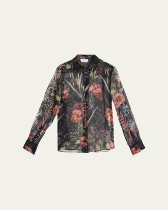 Alexander McQueen Floral-Print Silk Organza Collared Blouse