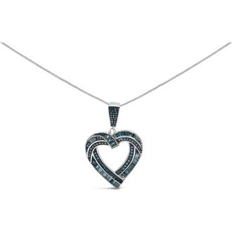 House of Brilliance 925 Sterling Silver 1.00 Cttw Baguette and Round Blue Diamond Open Heart Pendant Necklace at Nordstrom