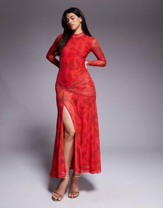 Bardot Lea - Vestito lungo a maniche lunghe in rete con spacco sul davanti e vita arricciata rosso a fiori-Rosa