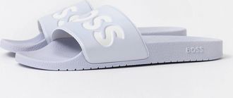 HUGO BOSS Mens BOSS Orange Aryeh Italian Made Slides With Large Logo Detail - Light/Pastel Blue 450 - White - Size: 12