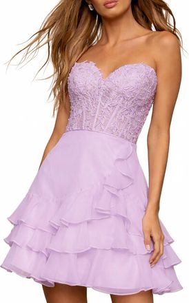 Sherri Hill Leaf Lace Corset Bodice Cocktail Dress In Lilac