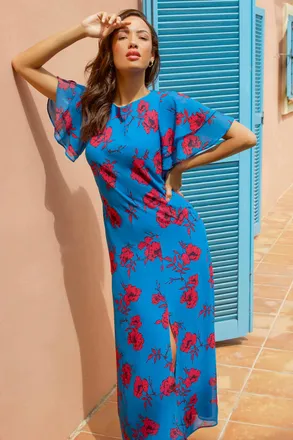 Roman Floral Tiered Sleeve Chiffon Maxi Dress