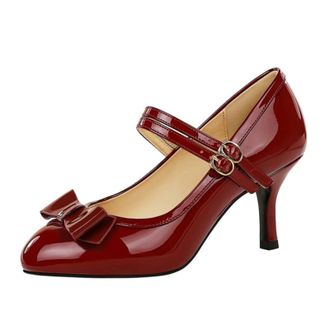 Generic Womens Stiletto Round Toe Pumps 7CM Ankle Strap Patent Leather Bow Wedding Evening Party Court Shoes-Numeric_9_Point_5 Red