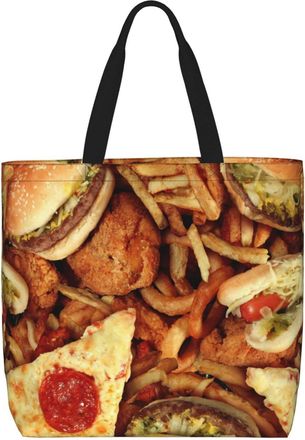 Generic Women Handbag Pizza Hamburger Fries Toca Ladies Shopping Shoulder Bag Reusable Fashion Beach Travel Bags, For Daily, Holiday, School, Work, Gym