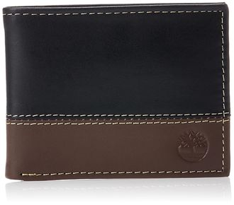 Timberland Mens Leather Passcase Trifold Wallet Hybrid, Black/Cognac, One Size