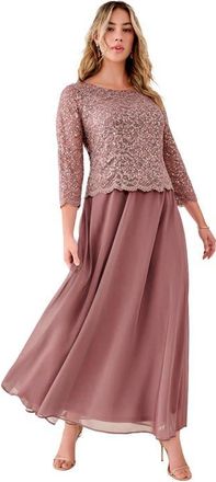Roaman's Plus Size Sequin Lace Three Quarter Sleeve A-Line Gown in Deep Taupe at Nordstrom, Size 44