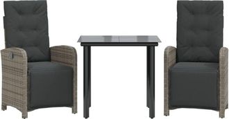 vidaXL 3 Piece Bistro Set with Cushions Grey Poly Rattan Vidaxl