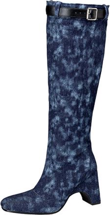 Generic Womens Tie-Dye Knee-High Boots Square Toe Wedge Heels Adjustable Belt Strap Comfortable Non-Slip Wear-Resistant for Street Style Date Casual Shopping,