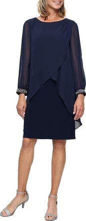 S.L. Fashions Cold Shoulder Long Sleeve Capelet Cocktail Dress in Navy at Nordstrom, Size 16P
