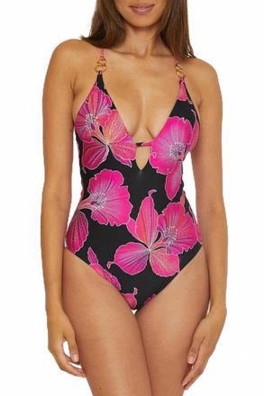 Trina Turk Plunge Neck One Piece Swimsuit In Pink Multi