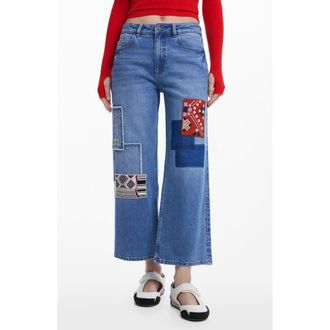 Desigual Embroidered Patch Crop Straight Leg Jeans in Medium Blue at Nordstrom Rack, Size 38
