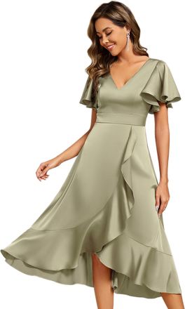 Ever-pretty Women Dress Midi Wedding Guest Dress with Ruffles Sleeve and V Neckline High Low Elegant Bridesmaid Dress Sage Green 18UK