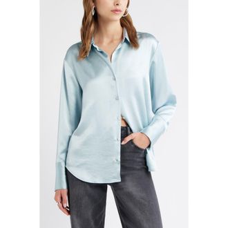 Open Edit Relaxed Fit Satin Button-Up Shirt in Blue Cloud at Nordstrom Rack, Size X-Small