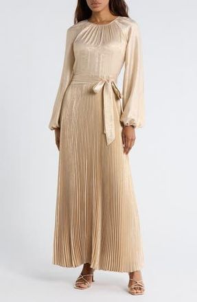 SIMKHAI Varenya Long Sleeve Pleated Maxi Dress in Champagne at Nordstrom Rack, Size 00