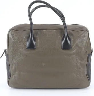 Prada Black Green Khaki Leather Briefcase Tote Bag (Pre-Owned)