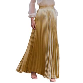 Generic Long Skirts for Women UK, Womens Elastic Waist Party Metallic Shiny Pleated Flowy A Line Maxi Long Skirt for Formal Evening Party Holiday 40th Birthda