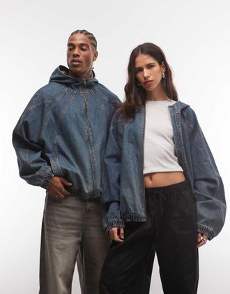 Collusion giacca di jeans oversize con cappuccio unisex lavaggio grunge-Blu