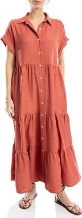 Max Studio Short Sleeve Tiered Maxi Shirtdress in Heather Washed Red at Nordstrom Rack, Size X-Large