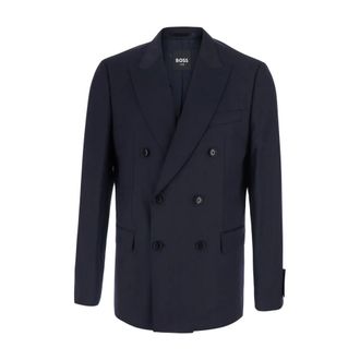 HUGO BOSS Jassen, Heren, Blauw, M, Wol, Dubbele rij knopen jas