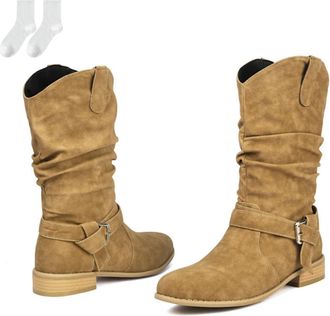 Generic Womens Slouch Boots in A Suede Look, Fashionable Mid-Calf Boots with Buckle Straps And A Comfortable Low Heel, Non-Slip Autumn Winter Ankle Boots for 