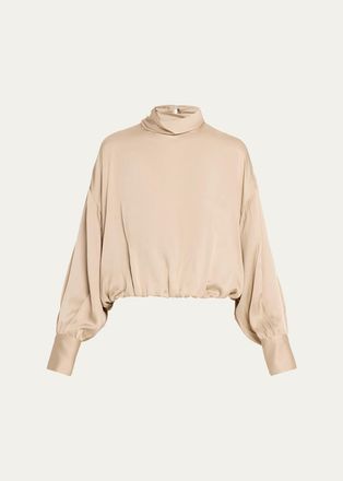 Brunello Cucinelli Fluid Silk Satin Long-Sleeve Bubble Blouse