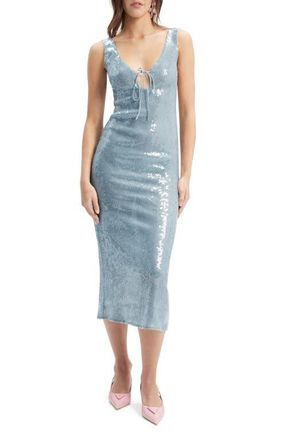 Bardot Isha Sequin Keyhole Cocktail Midi Dress in Light Blue at Nordstrom, Size 6