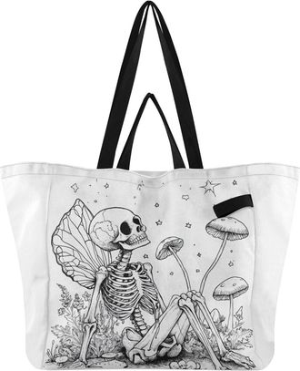 Generic Skeleton Mushroom White print Reusable Canvas Tote Bag, Heavy Duty Grocery Shopping Bag with Large Capacity Hard Bottom Double Handles Work Groceries 