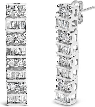 House of Brilliance 14K White Gold 1 1/3 Cttw Alternating Round And Baguette Diamond Drop Earrings