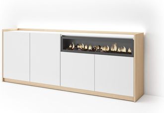 Skraut Home Skraut Home - Aparador Para Sal&oacute;n, Gran Capacidad De Almacenaje, 207x37x80cm, 4 Puertas, Chimenea El&eacute;ctrica, Led, Estilo Moderno, Blanco Y Roble Soft