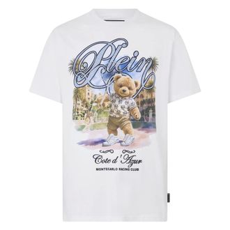 Philipp Plein Tops, Heren, Wit, M, Katoen, Ronde Hals T-Shirt Teddy Tennis