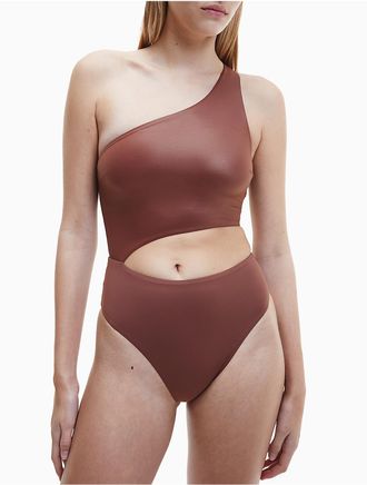 Calvin Klein Womens Core Essentials One Shoulder Swimsuit - Brown - XS