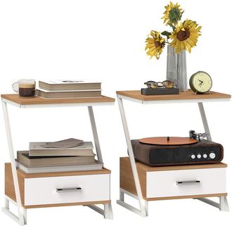 HOMCOM Homcom - Juego De 2 Mesas Auxiliares Para Sal&oacute;n Mesitas Auxiliares En Forma De Z Con Caj&oacute;n Y Compartimento 40x35x50 Cm Madera Natural