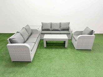 Fimous 7 Seater Poly Rattan Outdoor Garden Furniture Oblong Coffee Table Sofa Set Patio 3 Seater Sofa Reclining Chair 3 Seater Sofa Side Table Light