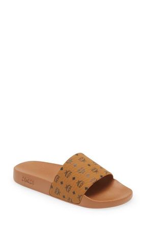 MCM Monogram Print Rubber Slides in Cognac at Nordstrom, Size 36