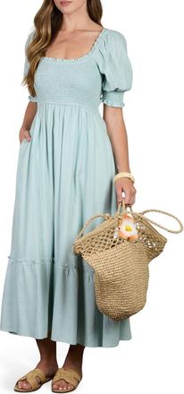 August Sky Smocked Puff Sleeve Midi Dress in Sage at Nordstrom Rack, Size Medium