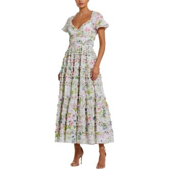Mac Duggal Cap Sleeve V Neck Open Back Floral Cotton Dress in White Multi at Nordstrom, Size 16