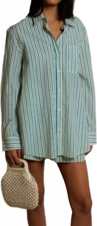 perfectwhitetee Avalon Cotton Poplin Slim Fit Button Down Shirt In Teal Blue/ Sugar Stripe
