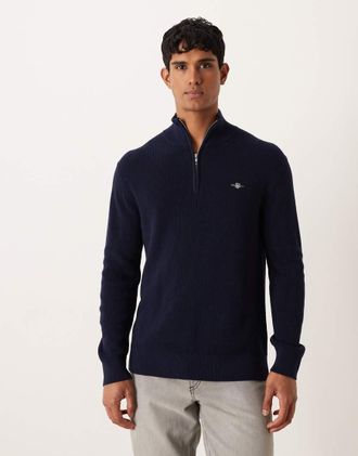 GANT Maglione in lana merino e cotone color blu navy a coste con zip corta