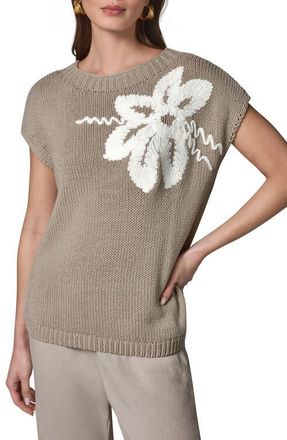 DKNY Floral Embroidered Short Sleeve Sweater in Sandstone/Cream at Nordstrom, Size X-Small