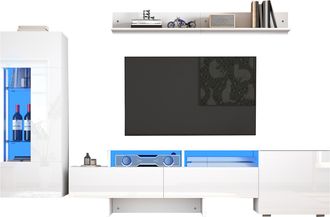 STILVORA Mueble Tv De Pared Con 1 Puerta, 2 Cajones, Estantes Y Led, Para Sal&oacute;n, En Tablero De Part&iacute;culas, 3 Piezas