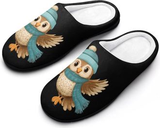 Generic Cute Owl In Hat Scarf Mens House Slippers Memory Foam Washable Cotton Slip on Home Shoes
