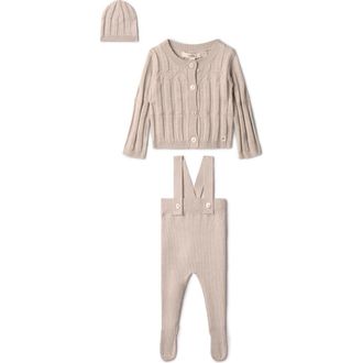 Fragile High Waist Knit 3 Piece Set Overall, Cardigan and Hat in Sandstorm at Nordstrom, Size 24M