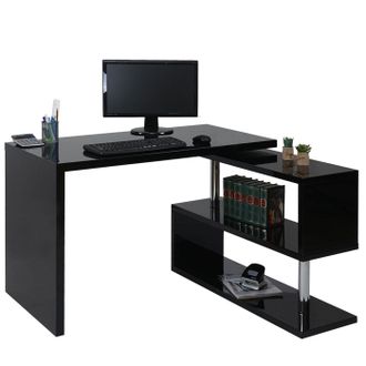 Hhg Hhg - Escritorio Esquinero De Dise&ntilde;o 194, Escritorio De Oficina, Alto Brillo Giratorio 120x60cm, Negro