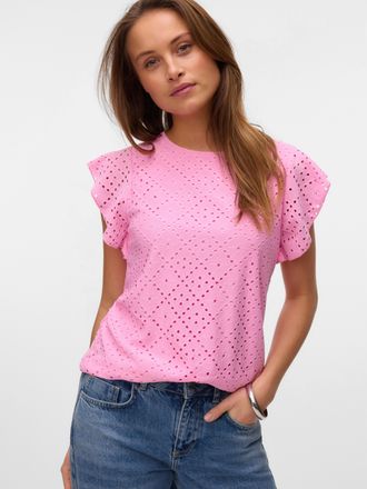 Vero Moda Rundhalsshirt VERO MODA VMTASSA SL FRILL TOP NOOS, Damen, Gr. L, bonbon, Jersey, Obermaterial: 95% Polyester, 5% Elasthan, unifarben, loose fit normal