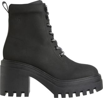Calvin Klein Jeans Zwarte Chunky Heeled Rits Enkellaarzen - Dames - Laarzen met Hak - Zwart - 39 EU - Leer - Schoenen