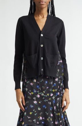 sacai Mixed Media Pleated Floral Chiffon & Knit Cardigan in Black/Black at Nordstrom, Size 3