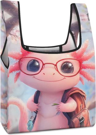 Generic Cute Axolotl Cherry Flower Shopping Bag Reusable Grocery Tote Bag Foldable Handbag for Travel Picnic