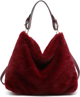 Generic Womens Faux Fur Tote Bag with Shoulder Strap - Soft Fluffy Winter Handbag, Large Plush Shopper for Everyday Use (Wine Red)